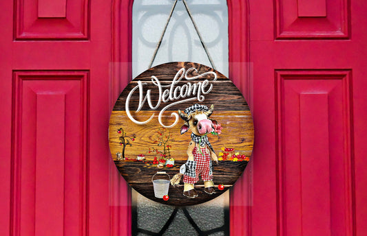 Welcome Cow Round Printed Handmade Wood Sign