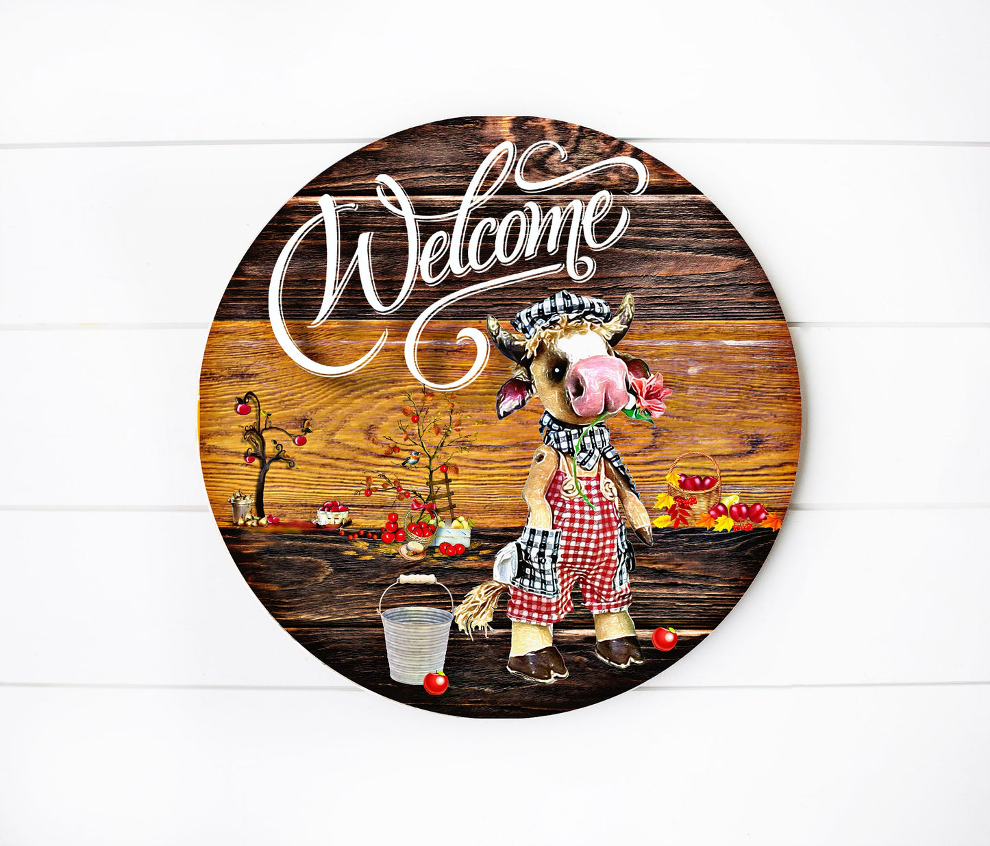 Welcome Cow Round Printed Handmade Wood Sign