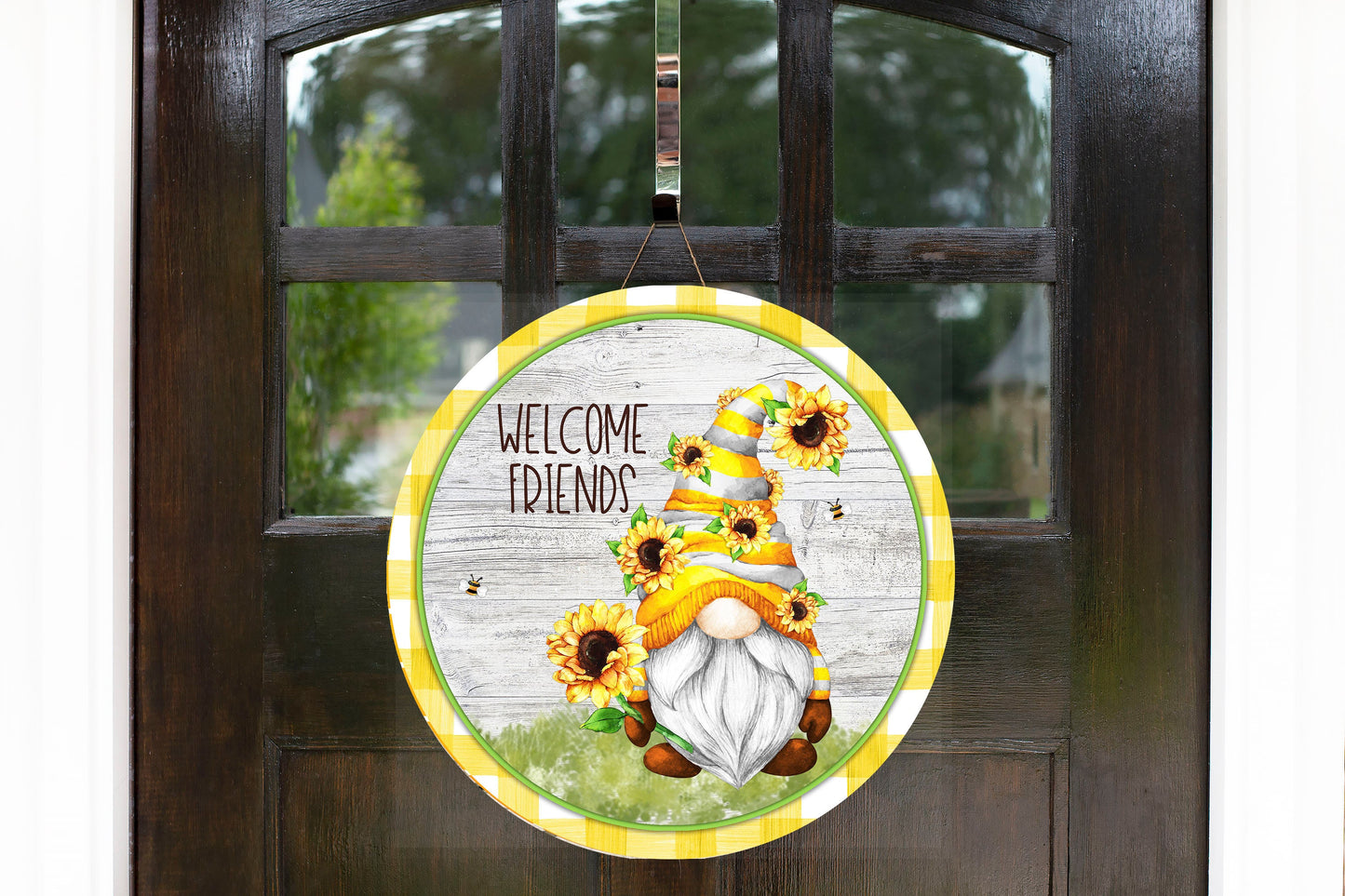 Welcome Friends Sunflower Gnomes Round Printed Handmade Wood Sign