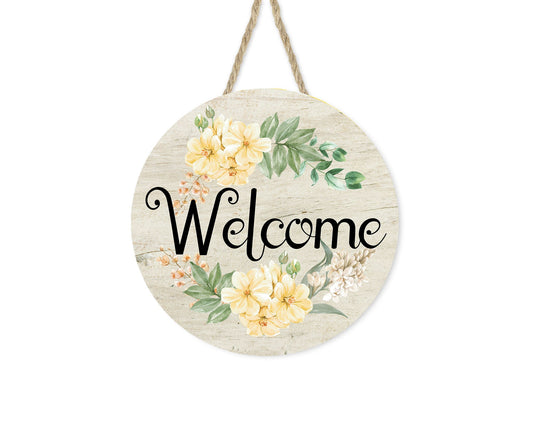 Yellow Floral Welcome Round Printed Handmade Wood Sign