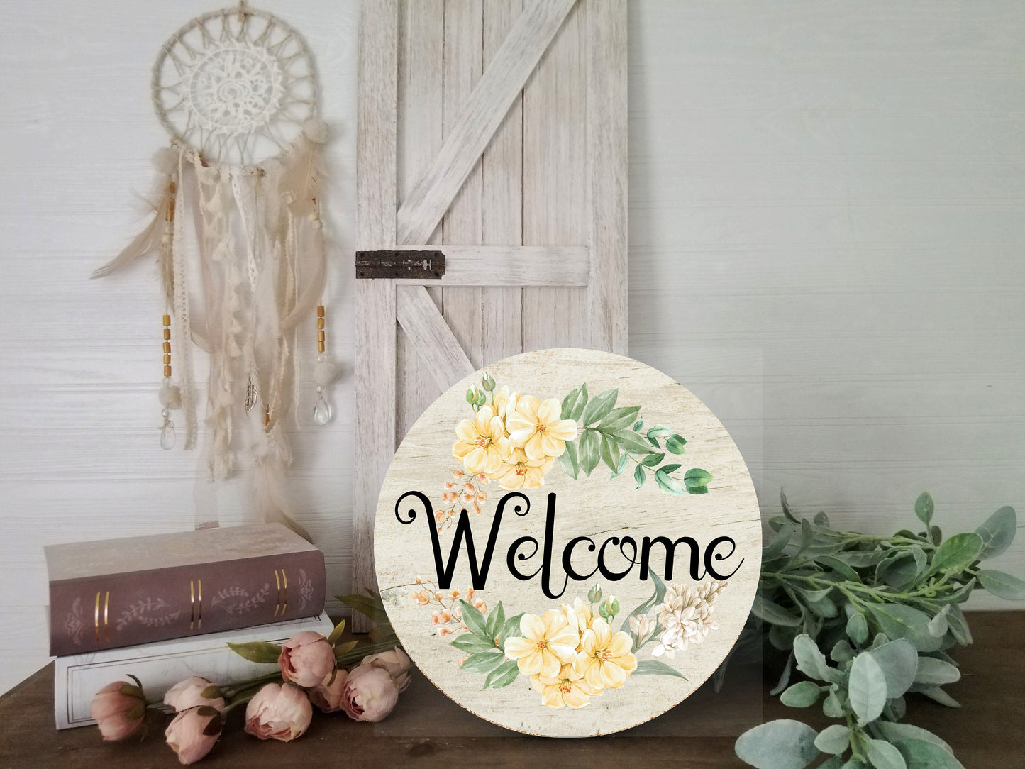 Yellow Floral Welcome Round Printed Handmade Wood Sign