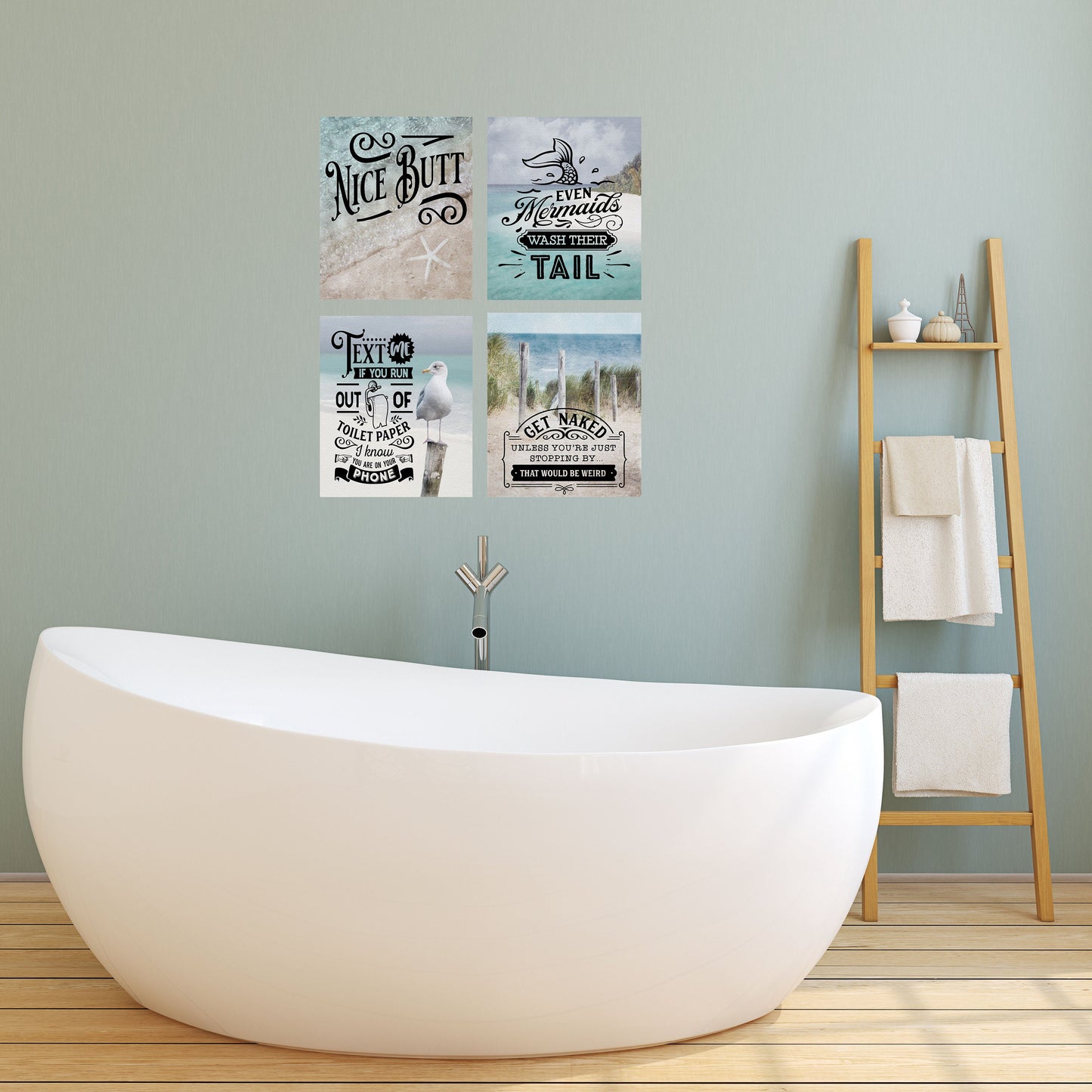 Set of 4  8x10 Funny Bathroom Tranquil Beach Print Canvas Prints