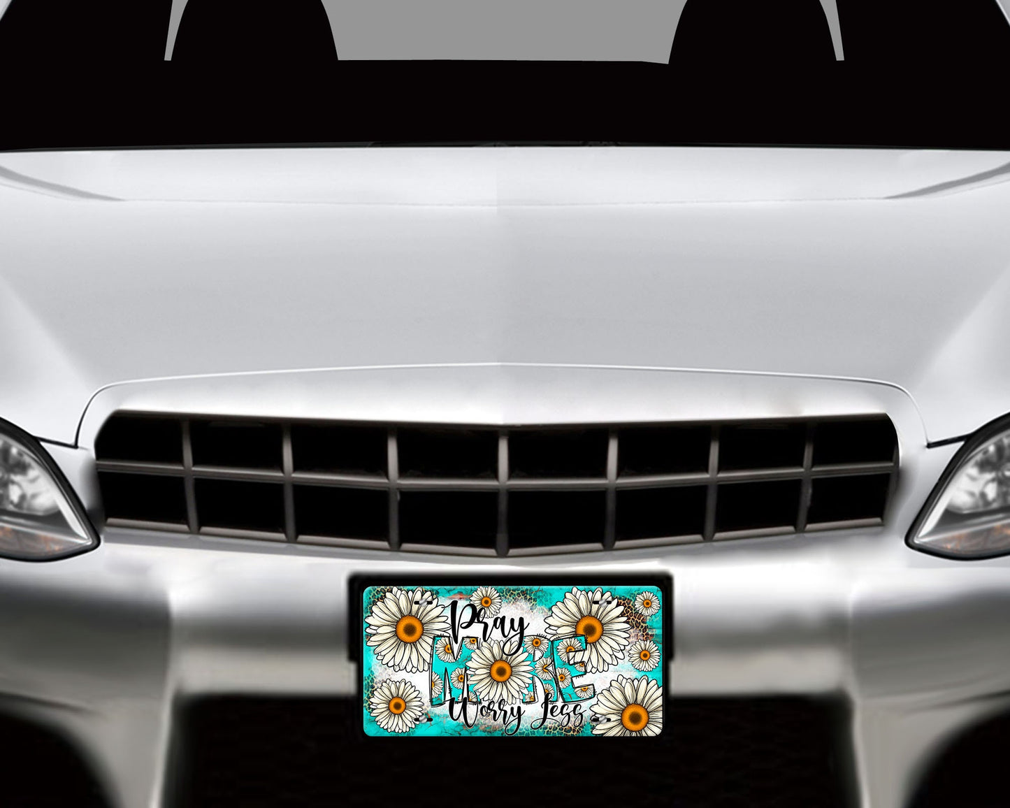 Blue Daisy Pray More Worry Less Aluminum Front License Plate