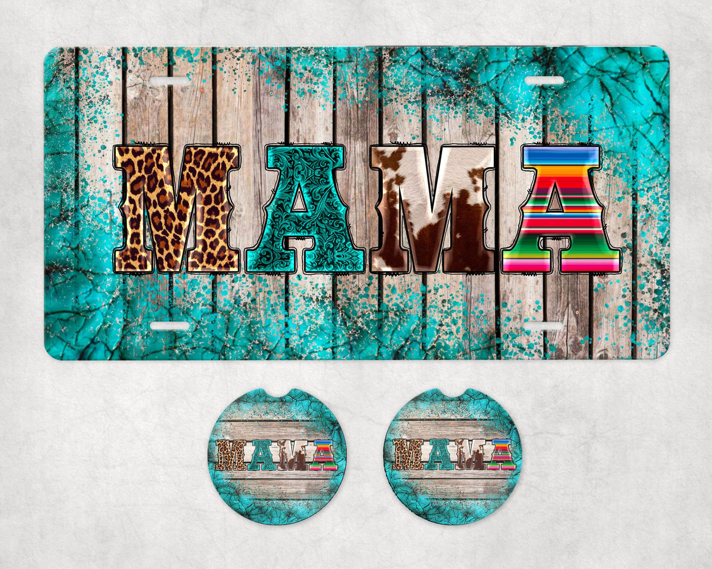 Turquoise Mama Front License Plate and Sandstone Car Coasters