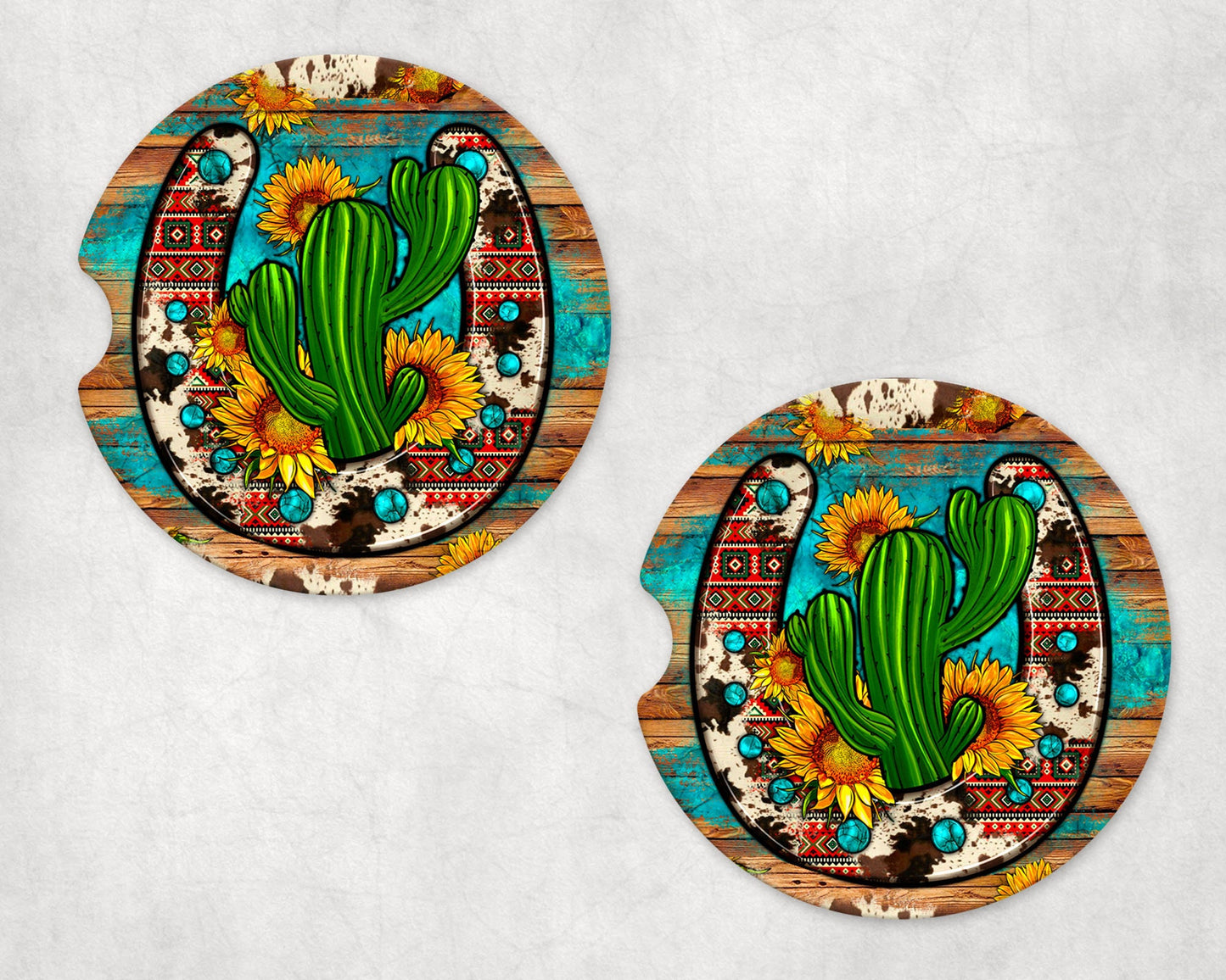 Western Horseshoe and Cactus Front License Plate and Sandstone Car Coasters