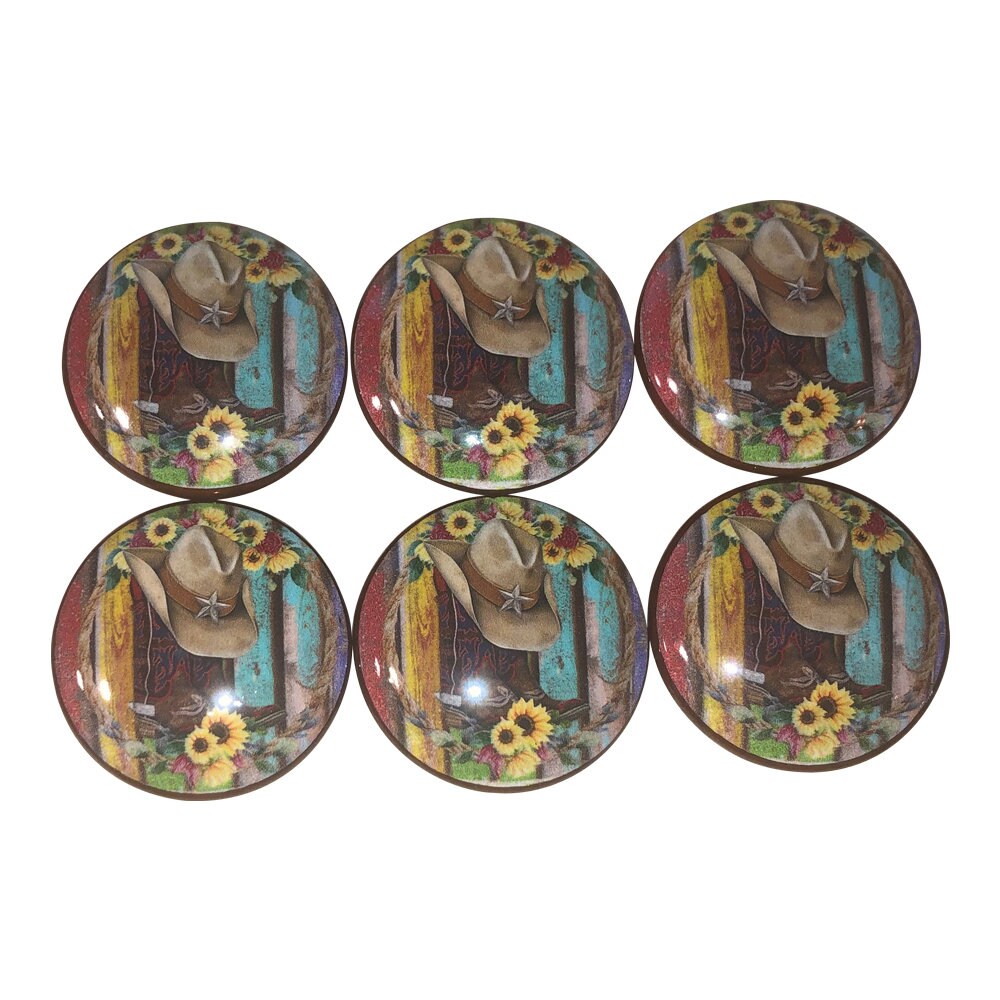 Set of 6 Cowboy Boots Hat and Sunflowers Wood Cabinet Knobs