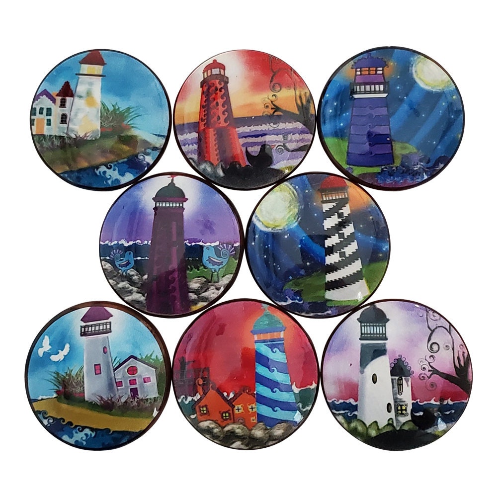 Set of 8 Funky Lighthouses Coastal Wood Cabinet Knobs