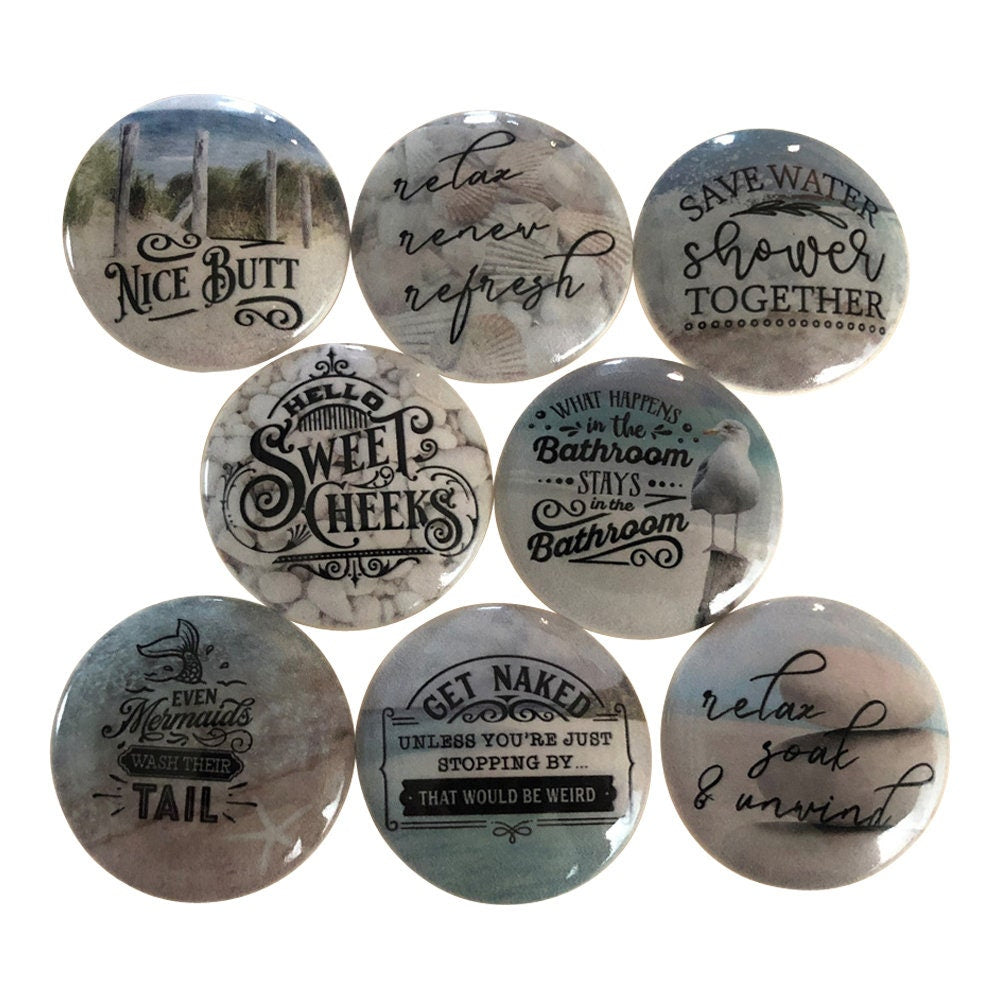 Set of 8 Tranquil Beach Bathroom Sayings Wood Cabinet Knobs