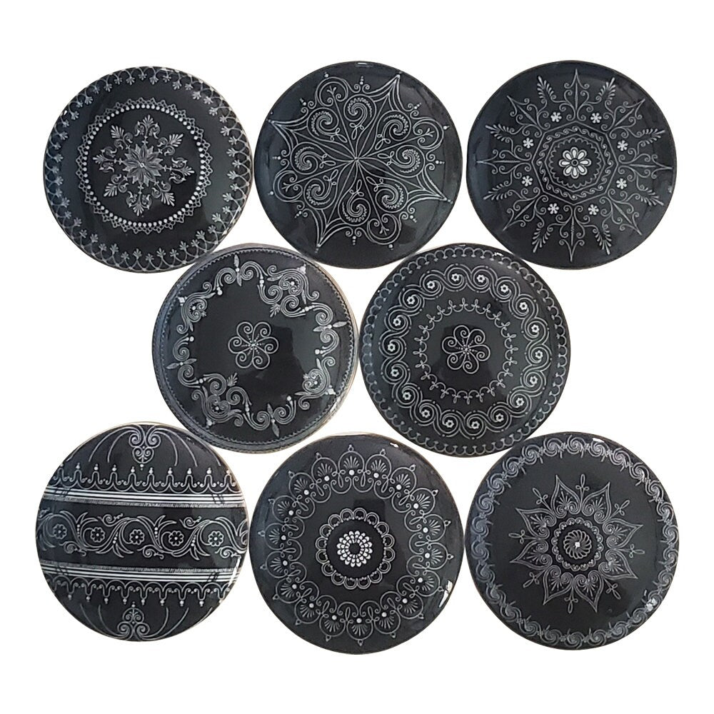 Set of 8 Black and White Medallion Wood Cabinet Knobs