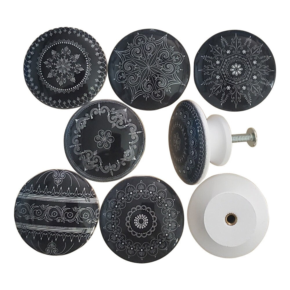 Set of 8 Black and White Medallion Wood Cabinet Knobs