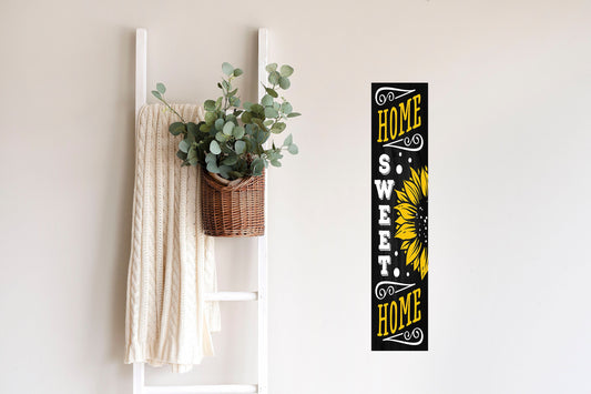 Cartel vertical con impresión de madera de 24.0 in (2 pies de altura), color blanco o negro, diseño de girasol Home Sweet Home