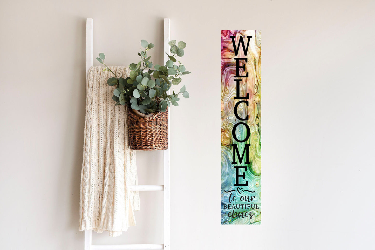 24 Inch (2 Foot Tall) Welcome to Our Beautiful Chaos Vertical Wood Print Sign