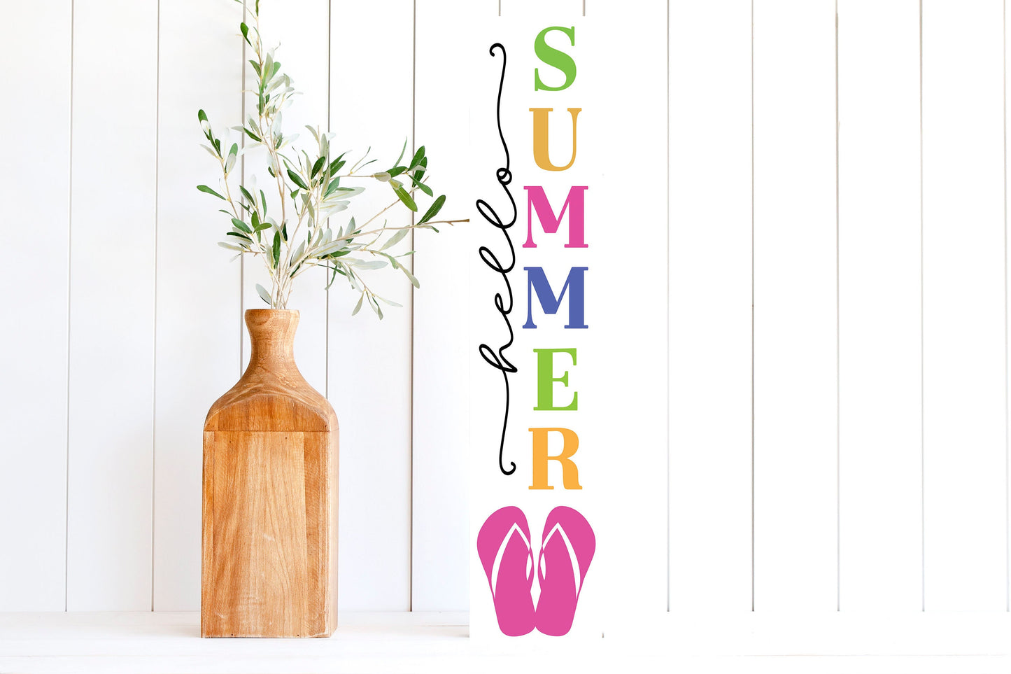 24 Inch (2 Foot Tall) Hello Summer Flip Flops Vertical Wood Print Sign