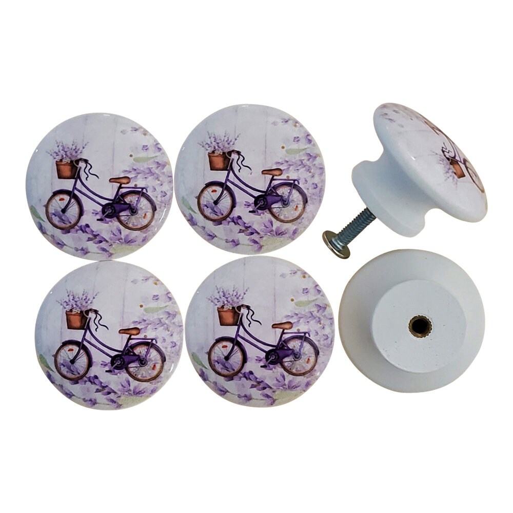 Set of 6 Lavender Bike Wood Cabinet Knobs