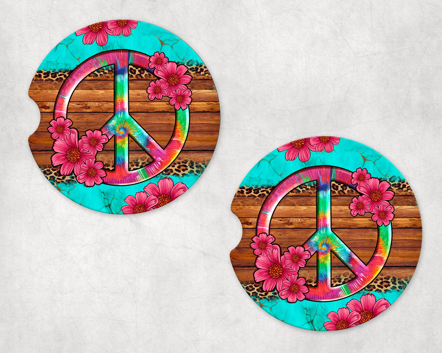 Set of 2 Tie Dye Peace Sign Sandstone Car Coasters