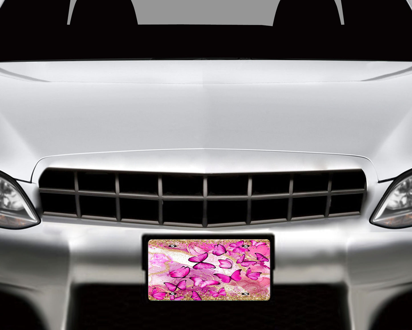 Pink Butterfly Aluminum Front License Plate