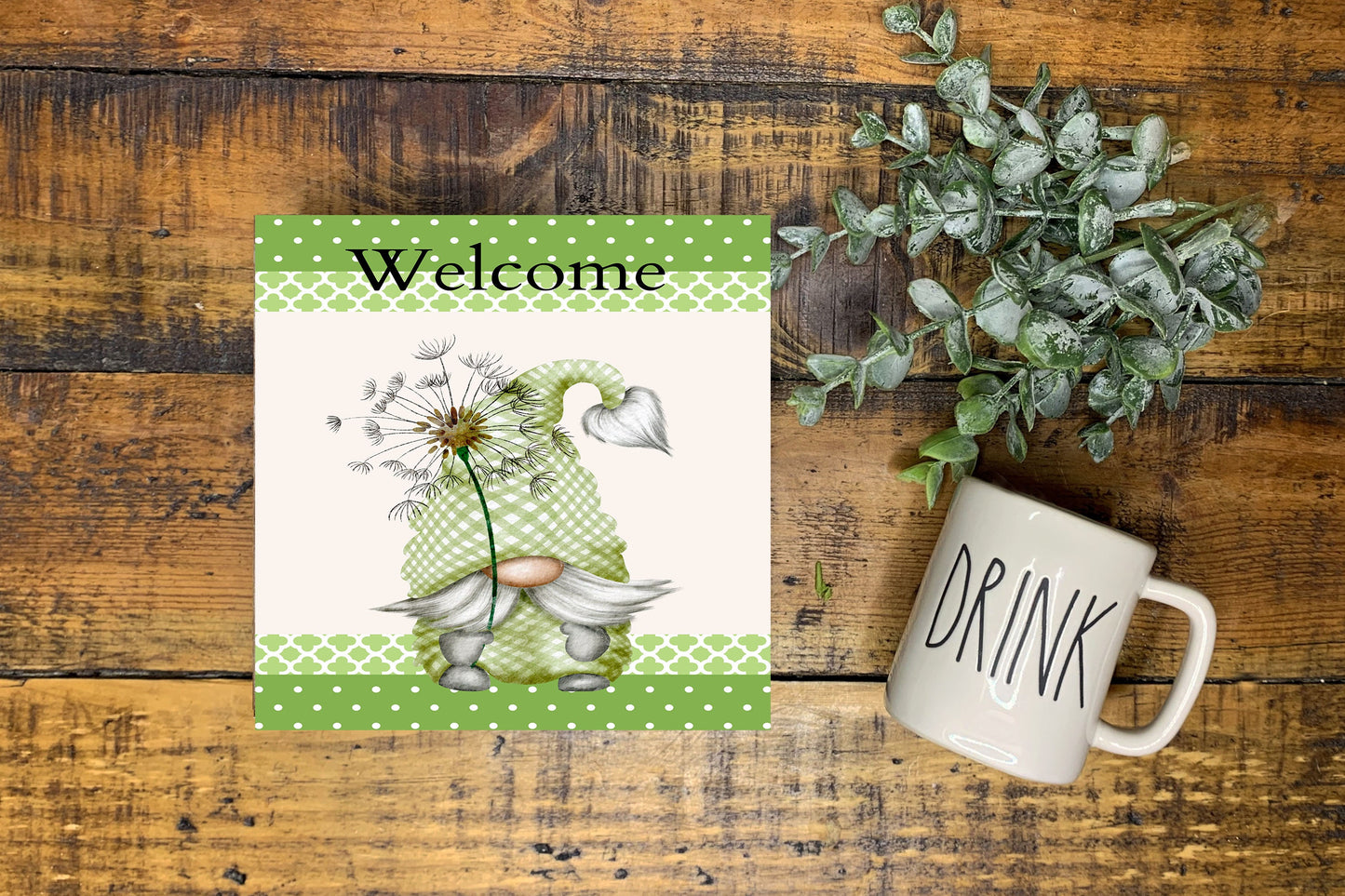 Welcome Dandelion Gnome Printed Handmade Wood  Mini Sign