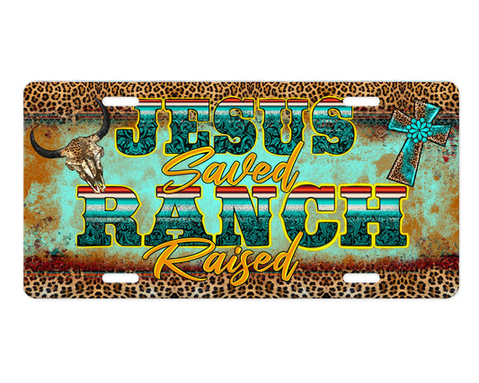 Jesus Saved Ranch Raised Aluminum Front License Plate