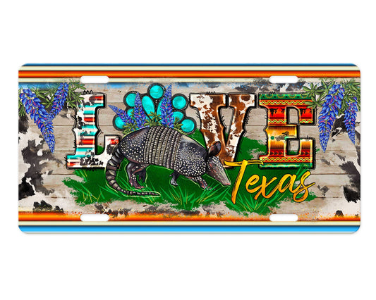 Placa de matrícula frontal de aluminio Love Texas Armadillo