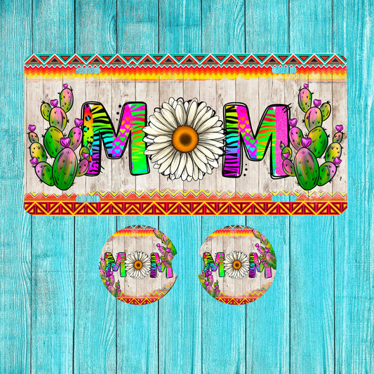 Cactus Mom Aluminum Front License Plate and Car Coaster Set