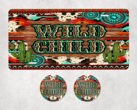 Western Wild Child Front License Plate and Sandstone Car Coasters