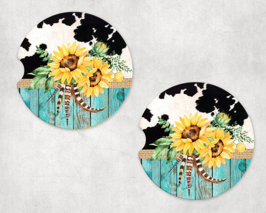 Set of 2 Sunflower and Turquoise Barnwood Sandstone Car Coasters