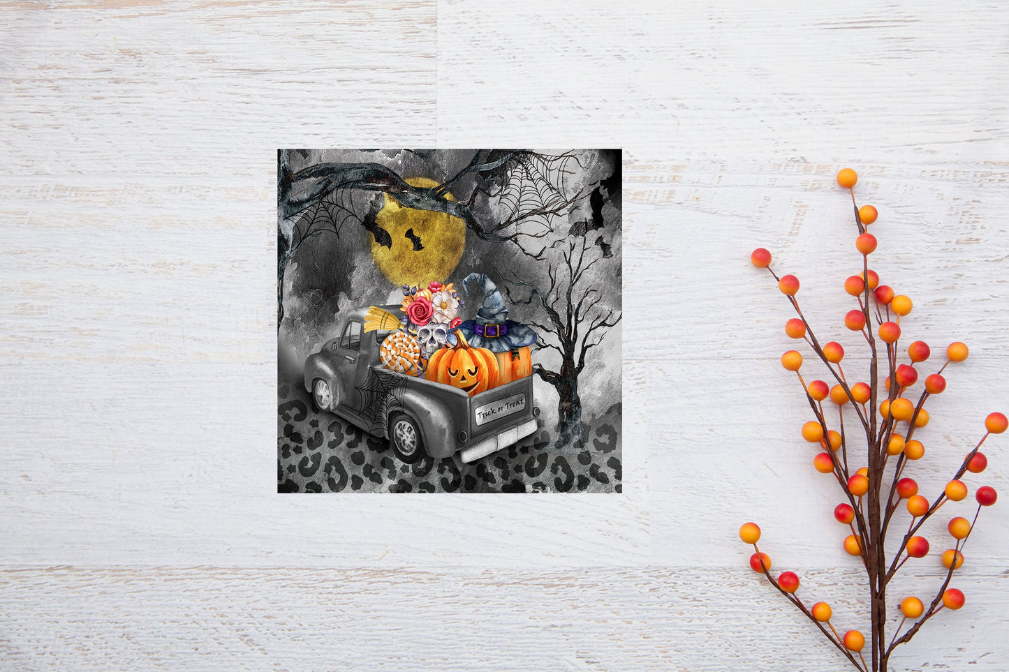 Spooky Halloween Truck Printed Handmade Wood  Mini Sign