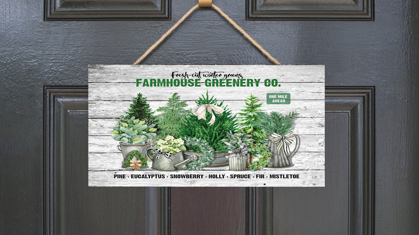 Letrero de madera hecho a mano con estampado navideño de Farmhouse Greenery