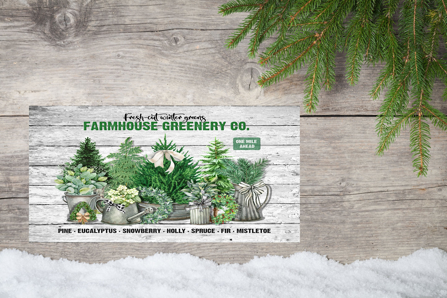 Letrero de madera hecho a mano con estampado navideño de Farmhouse Greenery