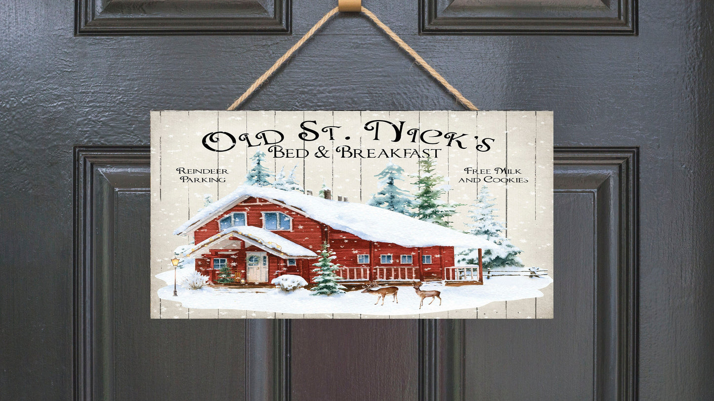 Old St. Nick Bed and Breakfast Letrero de madera hecho a mano impreso navideño