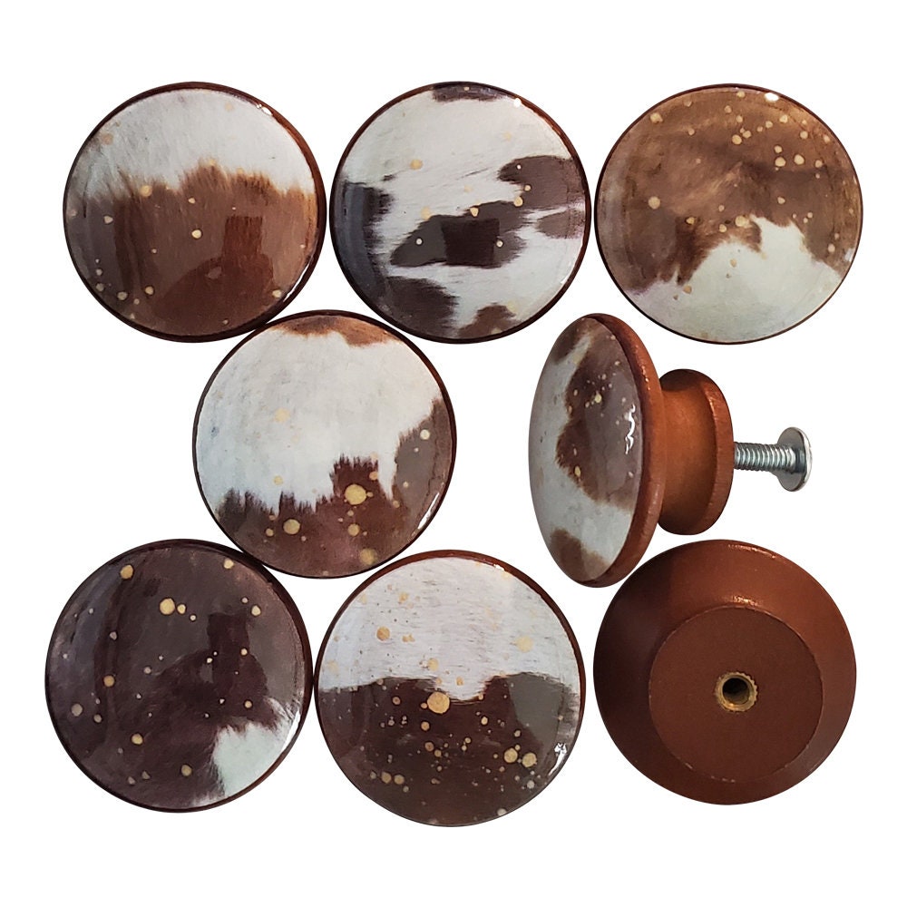 Set of 8 Gold Splatter Cowhide Print Wood Cabinet Knobs