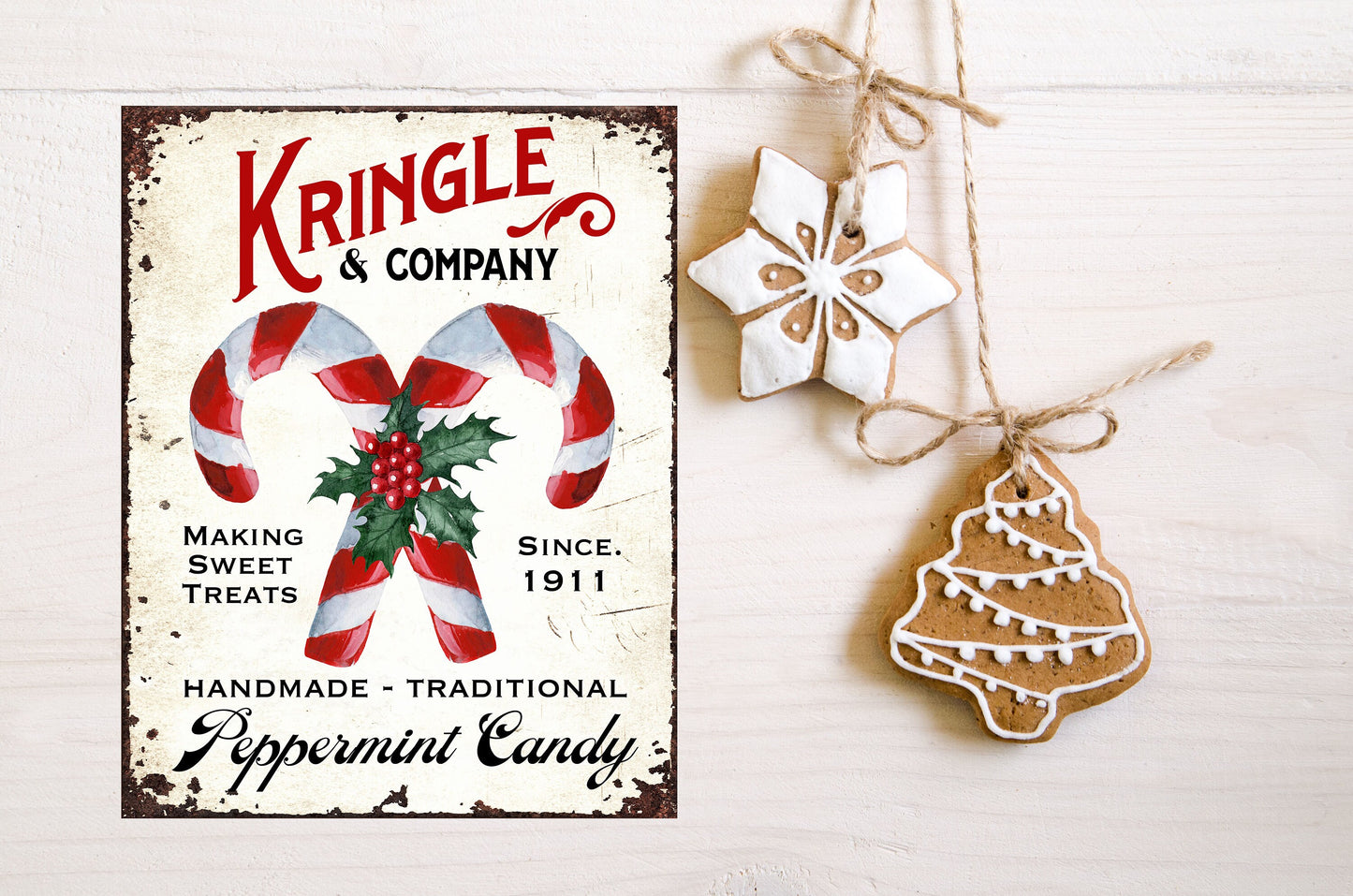 Kringle and Co Candy Canes - Letrero de madera hecho a mano con estampado navideño