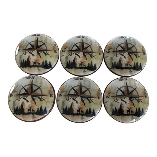 Set of 6 Deer Family Compass Wood Cabinet Knobs