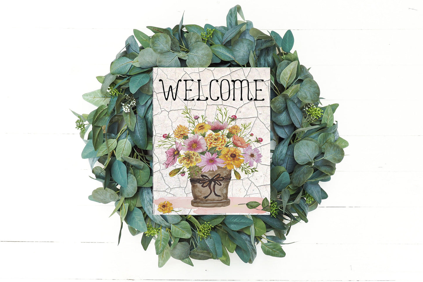 Welcome Flowers Printed Handmade Wood Sign