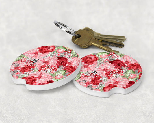 Set of 2 Pink and Red Floral Sandstone Car Coasters