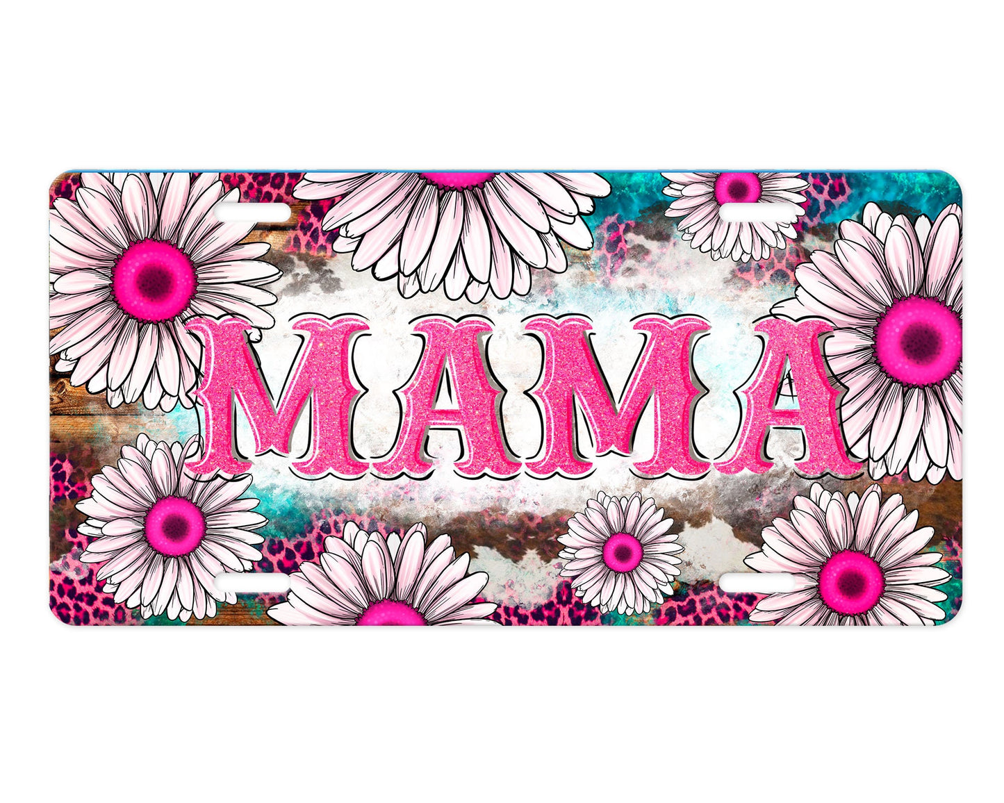 Pink Daisy Mama Aluminum Front License Plate