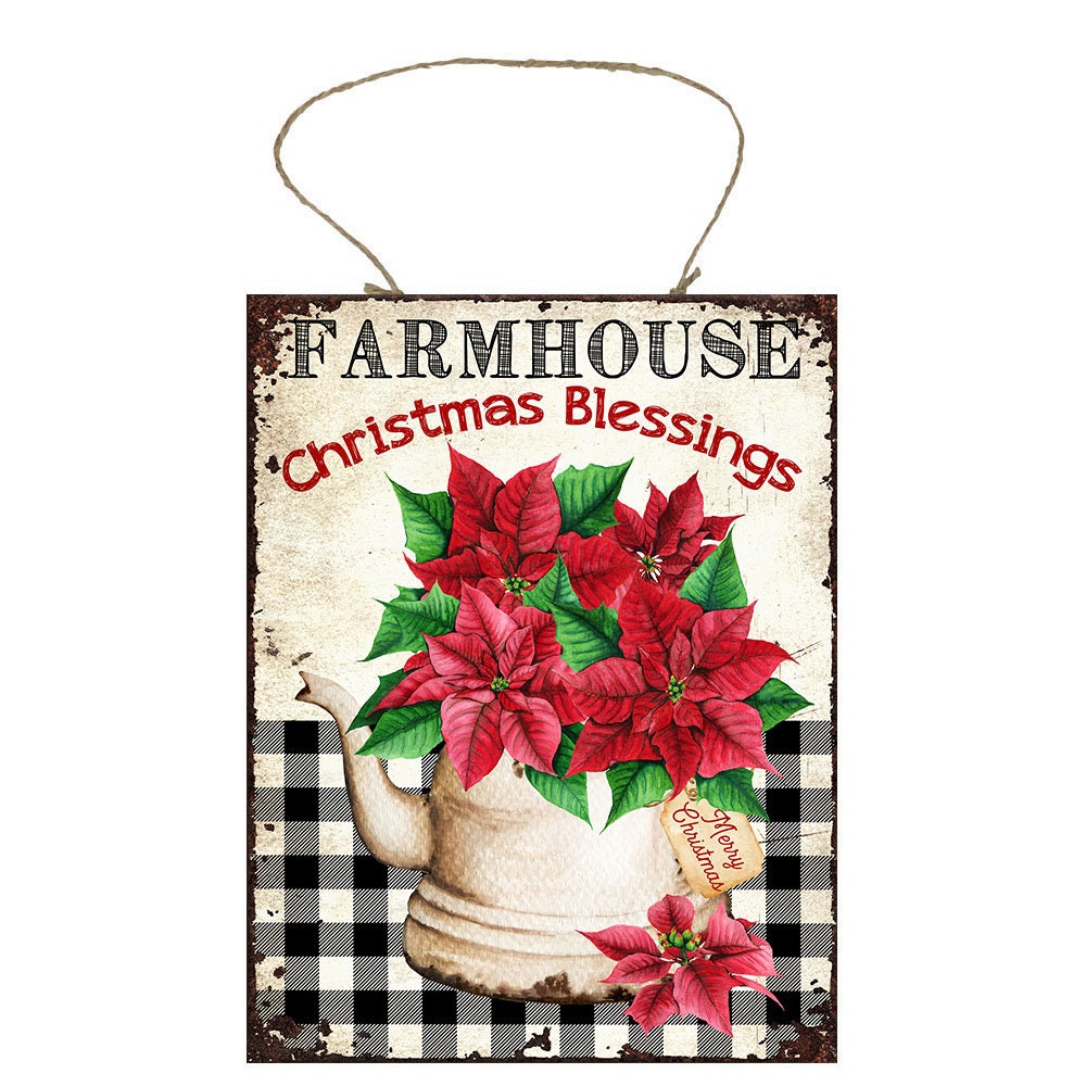 Red Poinsettia Christmas Blessings Printed Handmade Wood Sign