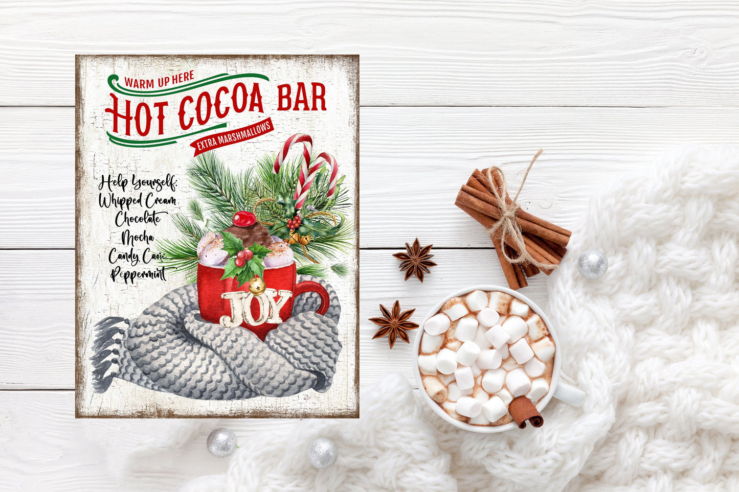 Calentamiento en el Hot Cocoa Bar Letrero de madera hecho a mano impreso navideño