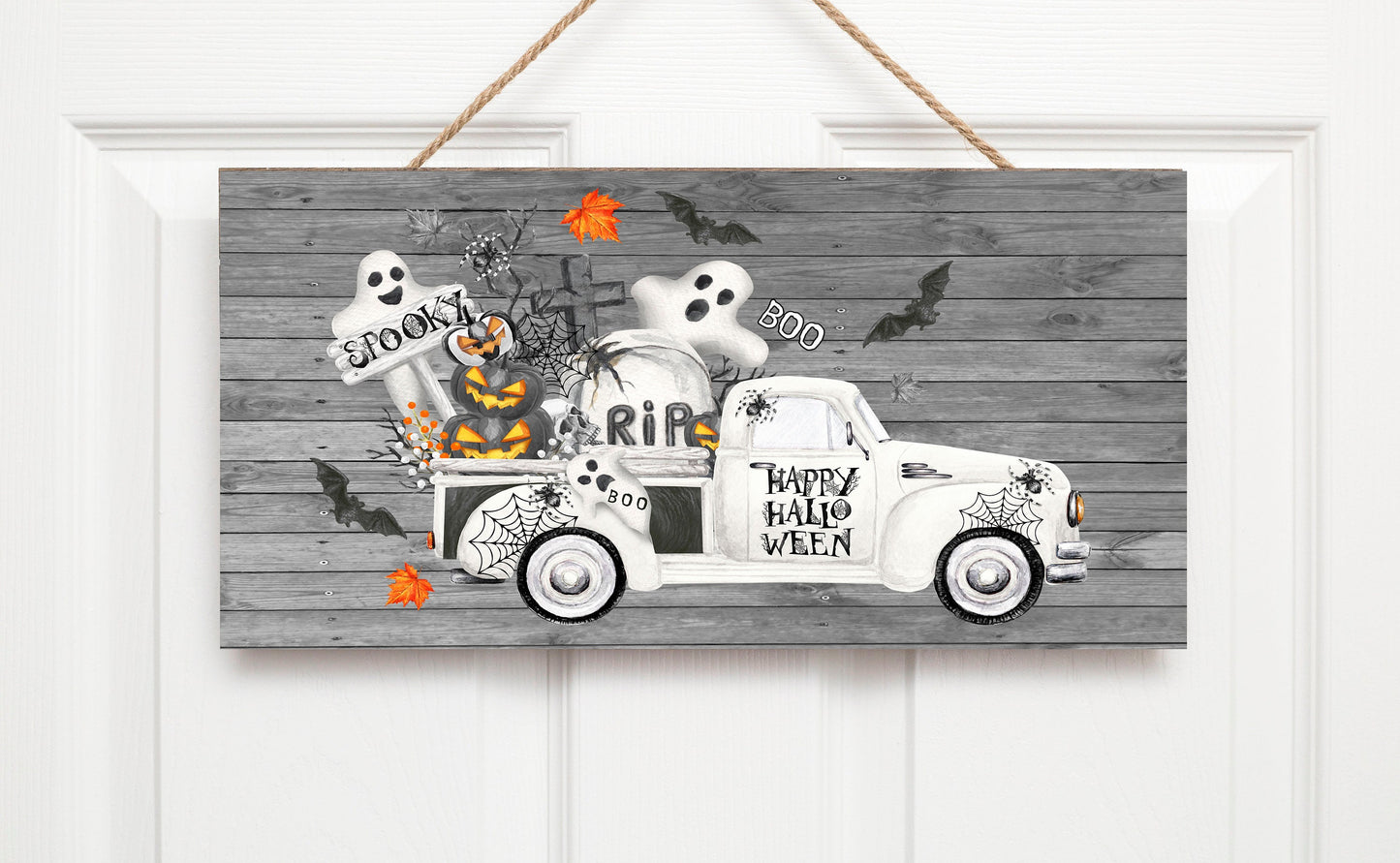 Halloween Ghost Truck Printed Handmade Wood Sign (10" x 5")