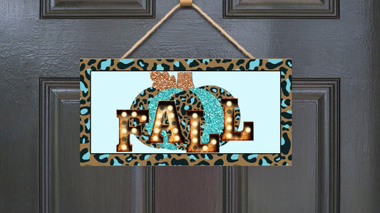 Letrero de madera hecho a mano con estampado de leopardo verde azulado y otoño