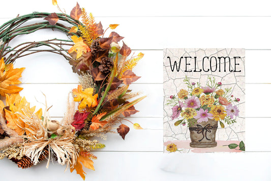 Welcome Flowers Printed Handmade Wood Sign