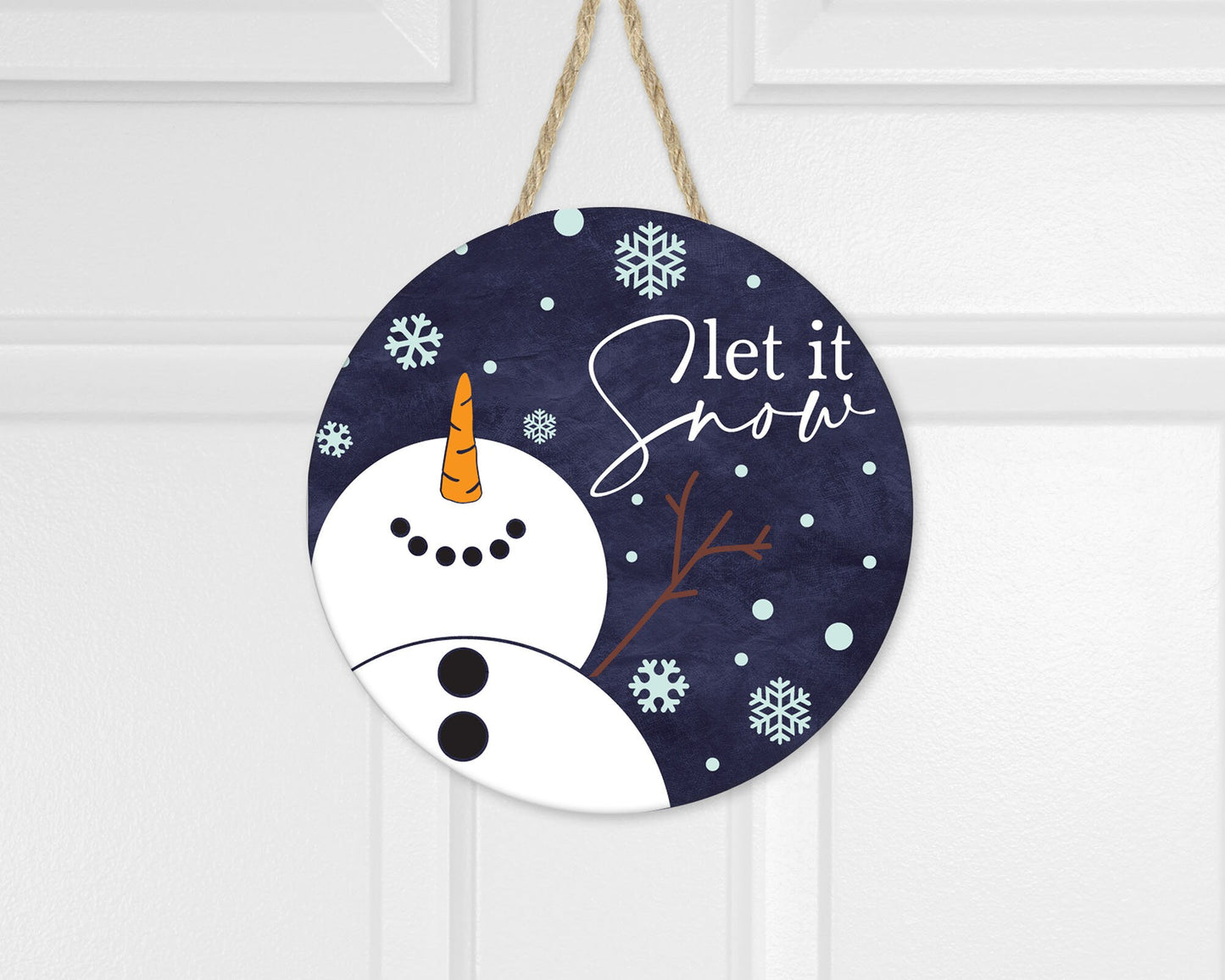 Navy Blue Primitive Snowman Let it Snow Christmas Round Printed Handmade Wood Sign