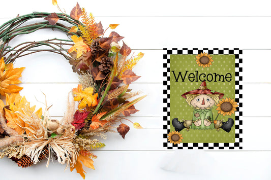 Fall Primitive Scarecrow Welcome Printed Handmade Wood Sign (7" x 9")