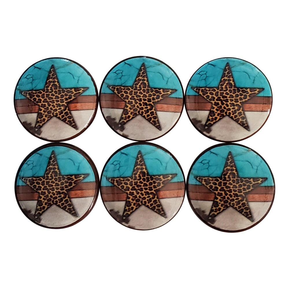 Set of 6 Leopard Print Star Wood Cabinet Knobs