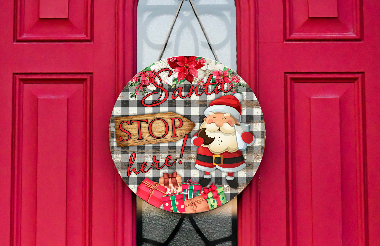 Santa Stop Here Christmas Round Printed Handmade Wood Sign