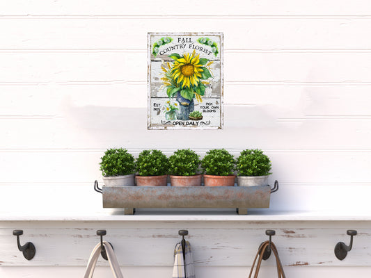 Letrero de madera hecho a mano impreso por floristería del país de otoño