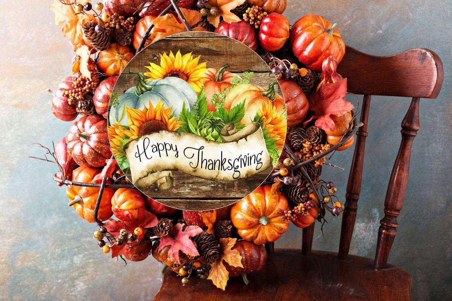 Happy Thanksgiving Fall Round Printed Handmade Wood Sign