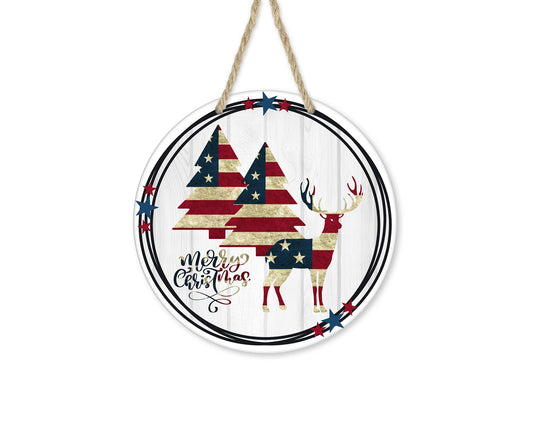 Patriotic Deer and Trees Merry Christmas Round Printed Handmade Wood Sign (8" or 12")