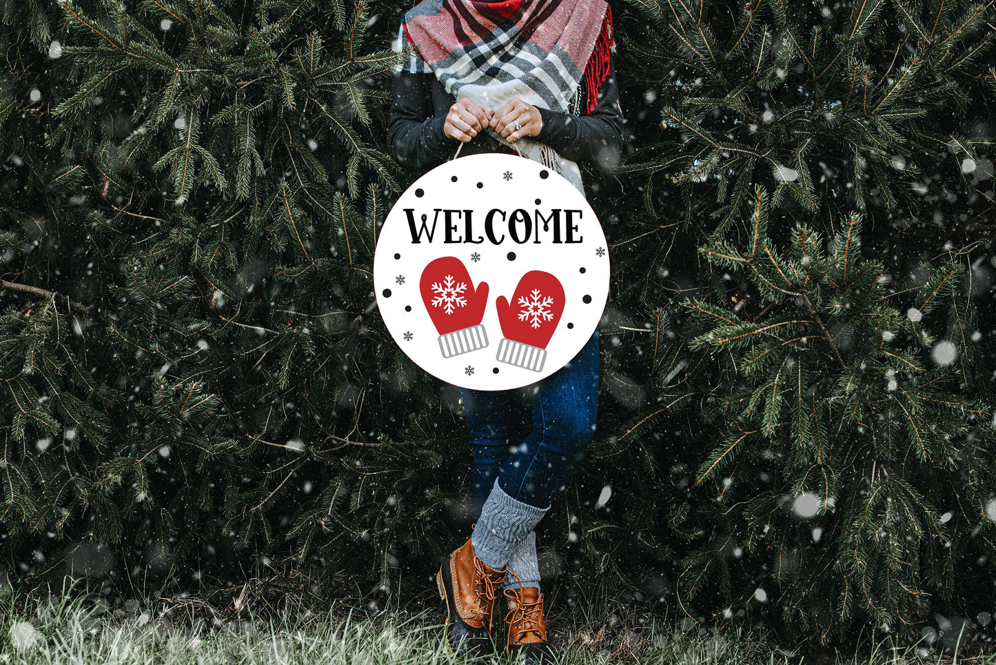 Mittens Welcome Christmas Round Printed Handmade Wood Sign