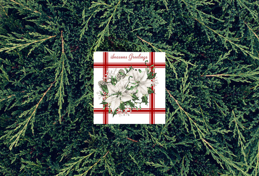 White Poinsettia Season's Greetings Christmas Printed Handmade Wood Christmas Ornament Mini Sign
